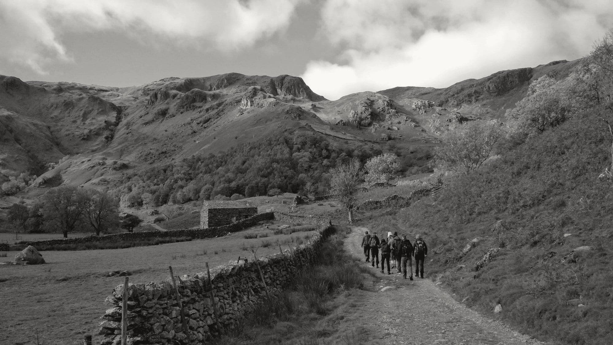 Walkers on a Lake District track beside a dry stone wall