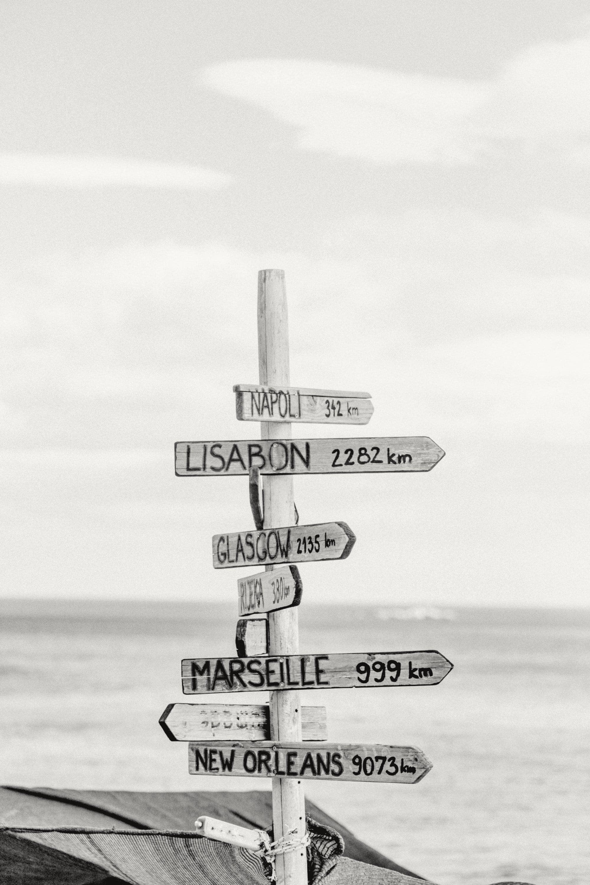 A wooden signpost by the sea, pointing to distant cities